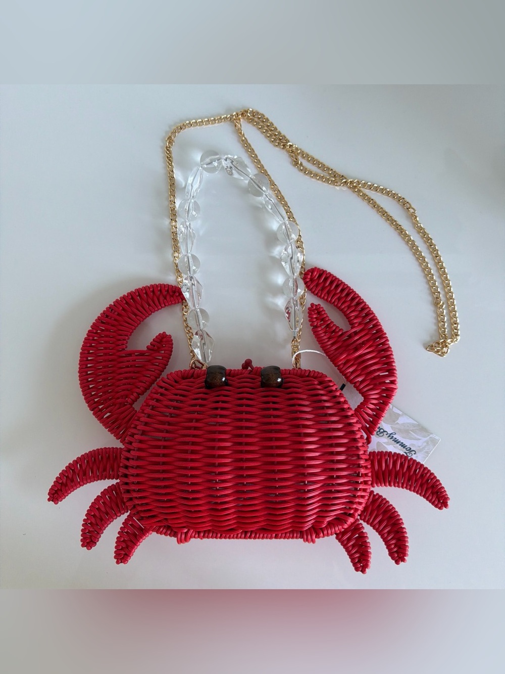 Tommy Bahama Viral Crab Red Wicker  Crossbody Bag Beaded Handle & Gold Chain New